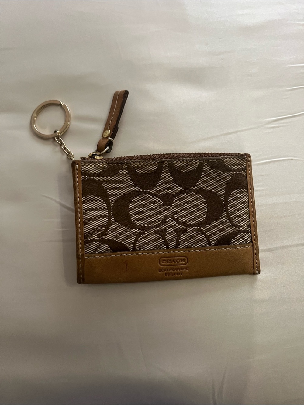 Coach Brown Signature Canvas Card Holder with Tan Leather Trim & Key Ring